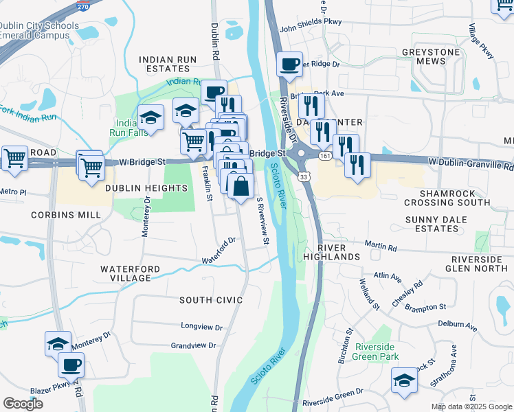 map of restaurants, bars, coffee shops, grocery stores, and more near 129 South Riverview Street in Dublin