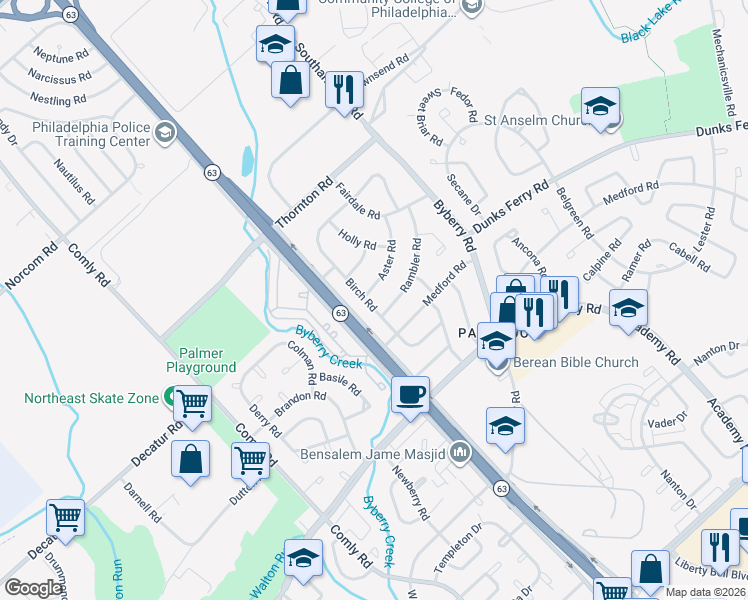 map of restaurants, bars, coffee shops, grocery stores, and more near 3266 Birch Road in Philadelphia