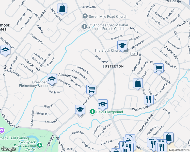 map of restaurants, bars, coffee shops, grocery stores, and more near 9120 Verree Road in Philadelphia