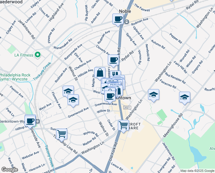 map of restaurants, bars, coffee shops, grocery stores, and more near 409 Leedom Street in Jenkintown