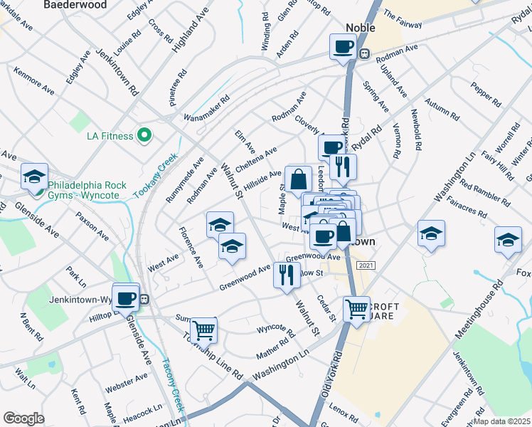 map of restaurants, bars, coffee shops, grocery stores, and more near 408 West Avenue in Jenkintown