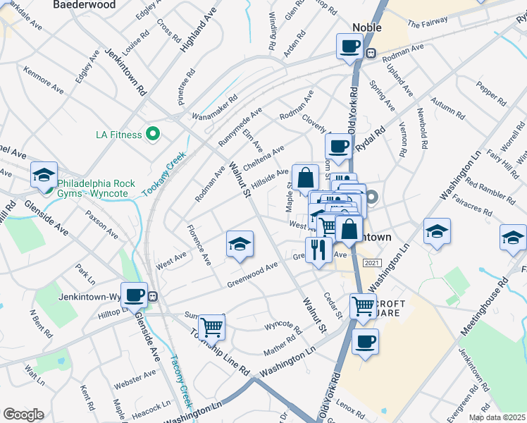 map of restaurants, bars, coffee shops, grocery stores, and more near 408 West Avenue in Jenkintown