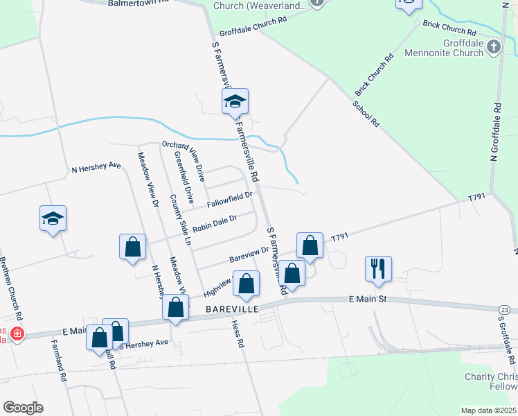 map of restaurants, bars, coffee shops, grocery stores, and more near 308 Willow Dell Lane in Leola