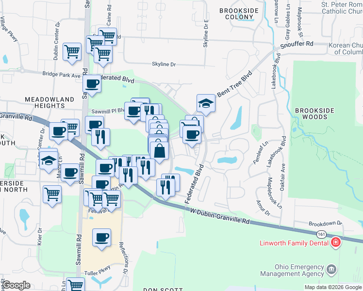 map of restaurants, bars, coffee shops, grocery stores, and more near 2350 Sawmill Place Boulevard in Columbus