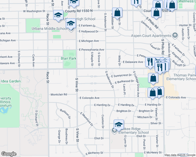 map of restaurants, bars, coffee shops, grocery stores, and more near 506 Burkwood Court East in Urbana