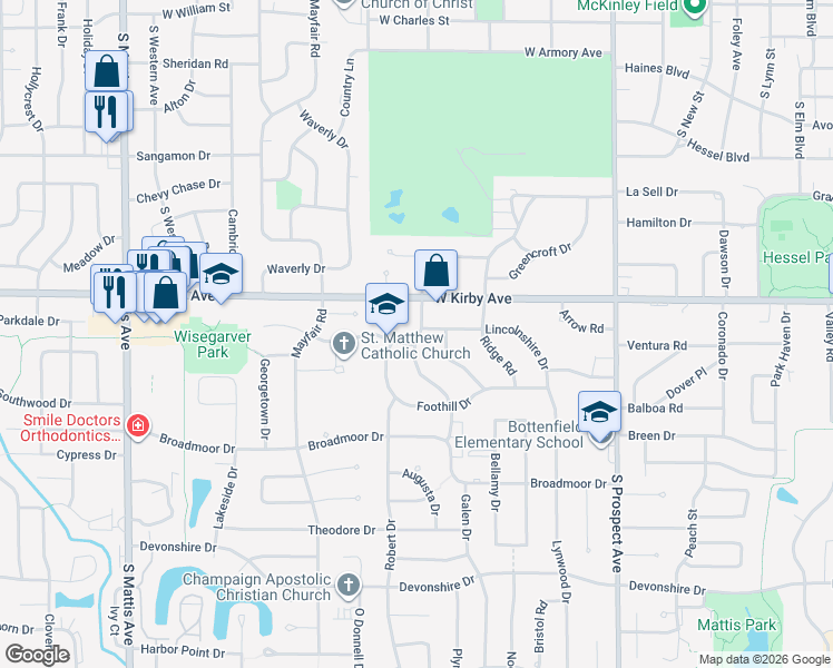 map of restaurants, bars, coffee shops, grocery stores, and more near 1226 Foothill Drive in Champaign