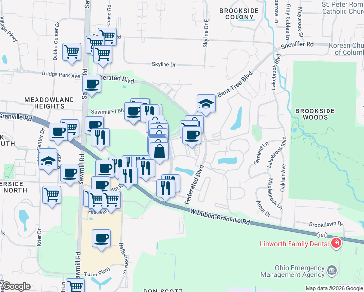 map of restaurants, bars, coffee shops, grocery stores, and more near 2350 Sawmill Place Boulevard in Columbus