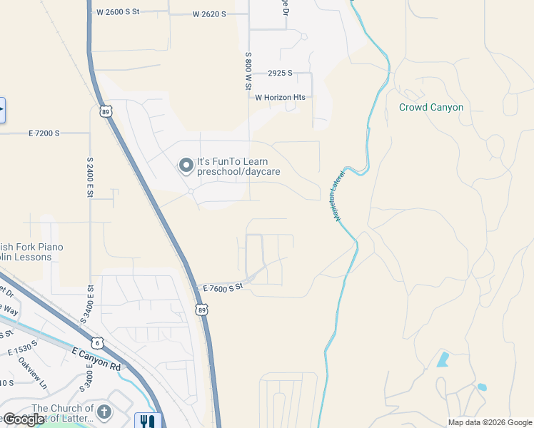 map of restaurants, bars, coffee shops, grocery stores, and more near South 2800 East in Spanish Fork