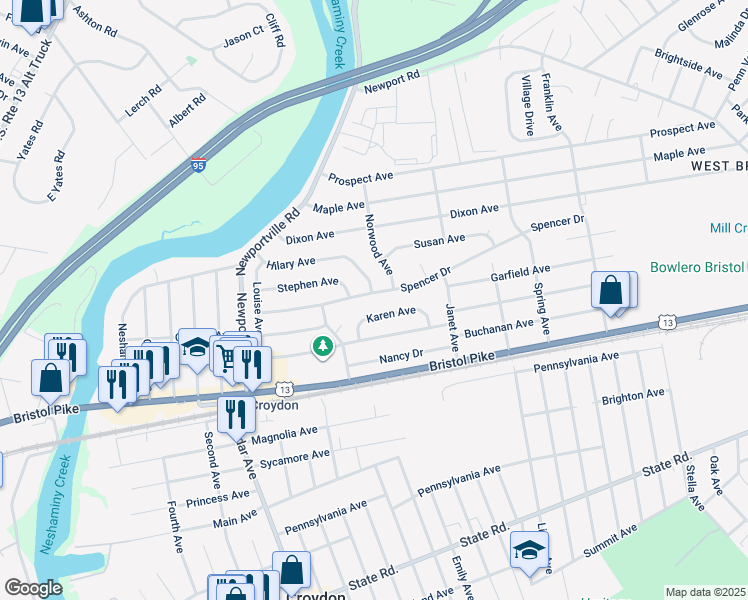map of restaurants, bars, coffee shops, grocery stores, and more near 1200 Spencer Drive in Croydon