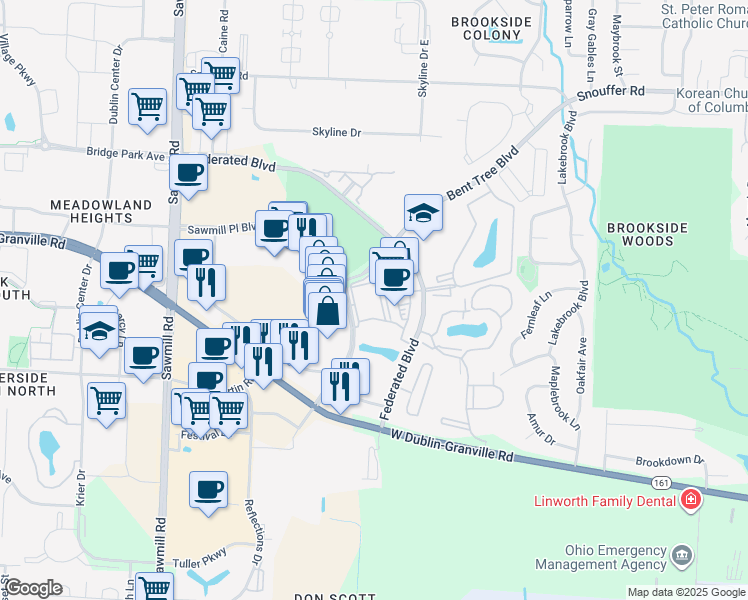 map of restaurants, bars, coffee shops, grocery stores, and more near 2350 Sawmill Place Boulevard in Columbus