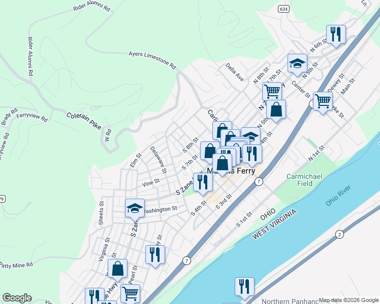 map of restaurants, bars, coffee shops, grocery stores, and more near 712 Hickory Street in Martins Ferry