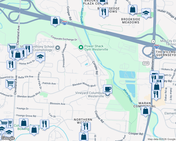 map of restaurants, bars, coffee shops, grocery stores, and more near 3067 Birch Hollow Way in Columbus
