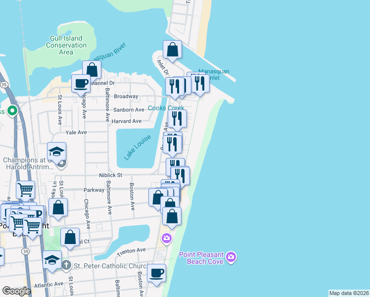 map of restaurants, bars, coffee shops, grocery stores, and more near 227 Boardwalk in Point Pleasant Beach