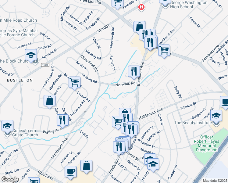 map of restaurants, bars, coffee shops, grocery stores, and more near 1226 Norwalk Road in Philadelphia