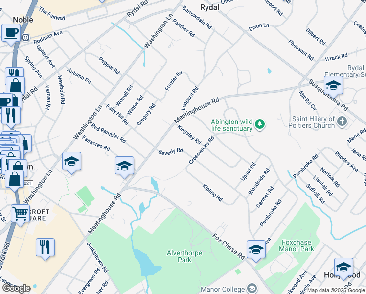 map of restaurants, bars, coffee shops, grocery stores, and more near 1129 Beverly Road in Rydal