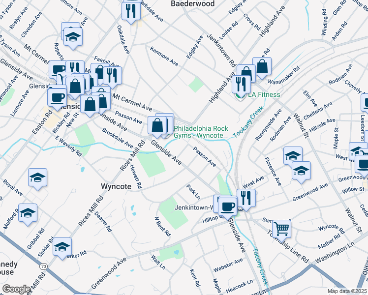 map of restaurants, bars, coffee shops, grocery stores, and more near 11 North Avenue in Wyncote
