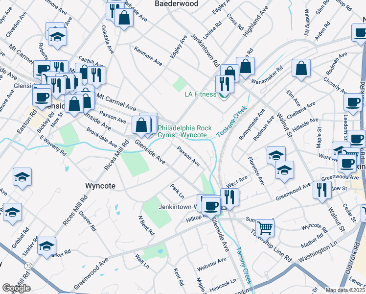 map of restaurants, bars, coffee shops, grocery stores, and more near 725 Paxson Avenue in Wyncote