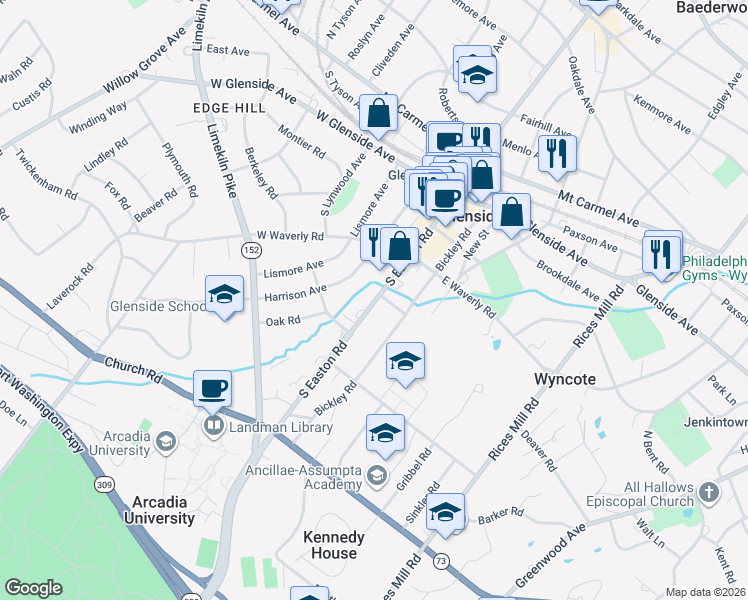 map of restaurants, bars, coffee shops, grocery stores, and more near 269 South Easton Road in Glenside