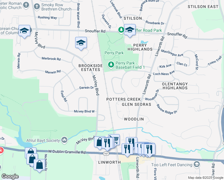 map of restaurants, bars, coffee shops, grocery stores, and more near 6837 Ravine Circle in Worthington