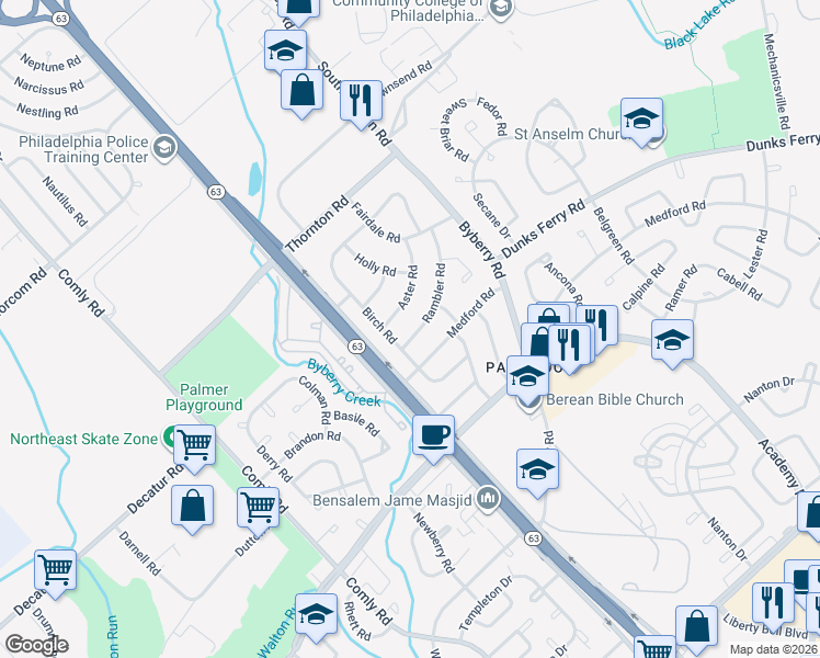 map of restaurants, bars, coffee shops, grocery stores, and more near 3266 Birch Road in Philadelphia