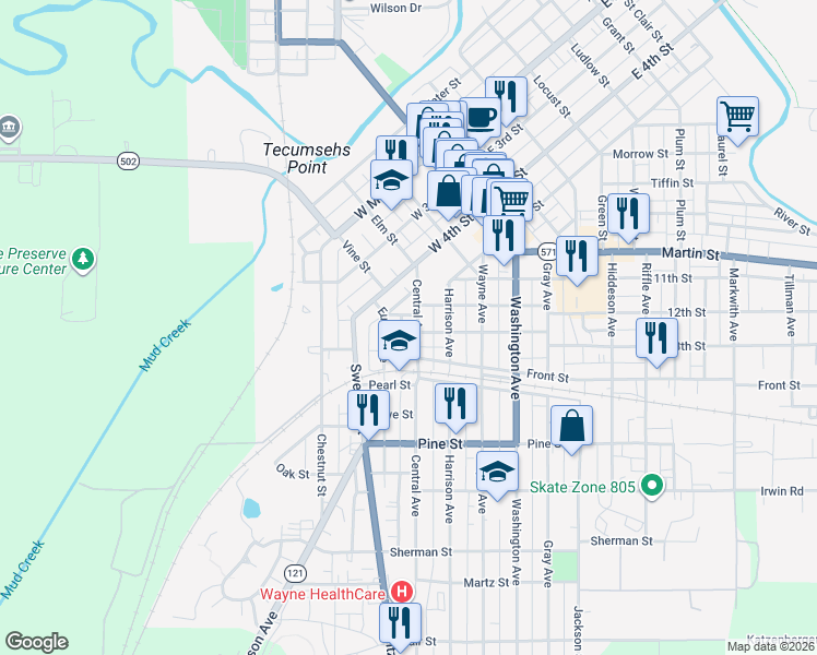 map of restaurants, bars, coffee shops, grocery stores, and more near 500 Penn Street in Greenville