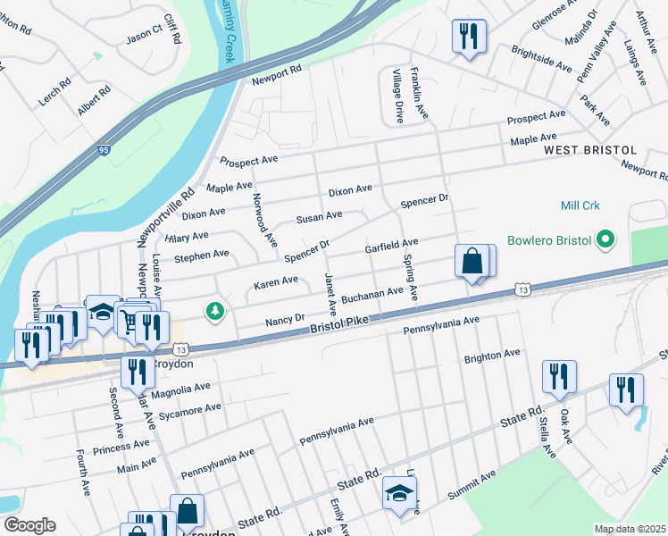 map of restaurants, bars, coffee shops, grocery stores, and more near 302 Janet Avenue in Croydon
