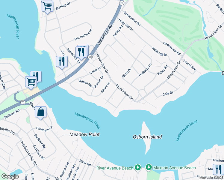 map of restaurants, bars, coffee shops, grocery stores, and more near 1009 Forrest Road in Brielle