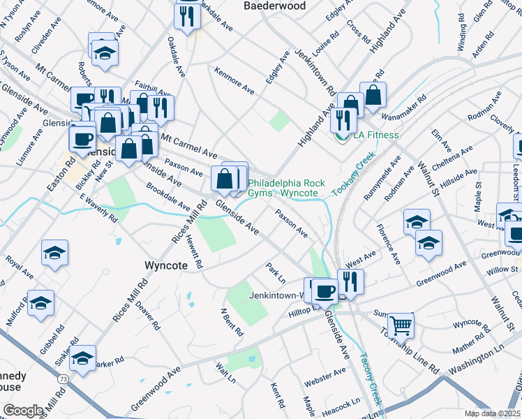 map of restaurants, bars, coffee shops, grocery stores, and more near 11 North Avenue in Wyncote