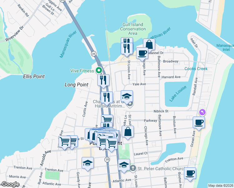 map of restaurants, bars, coffee shops, grocery stores, and more near 429 Yale Avenue in Point Pleasant Beach