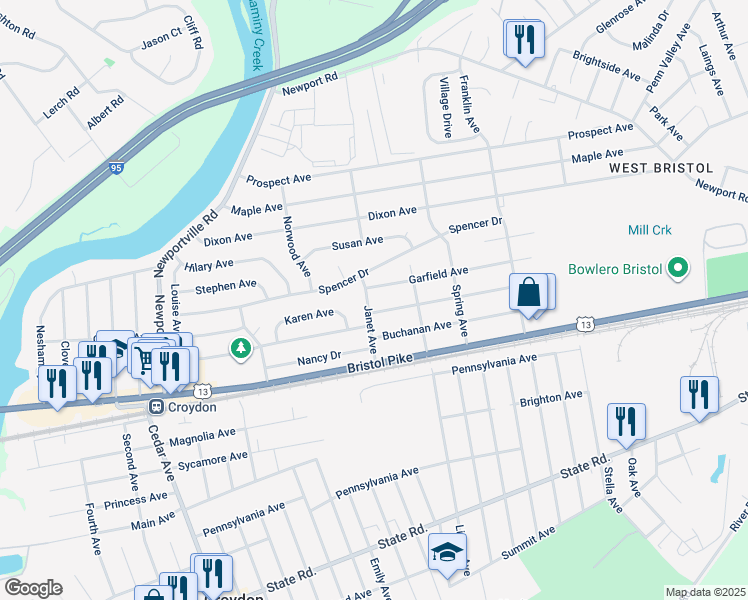 map of restaurants, bars, coffee shops, grocery stores, and more near 302 Janet Avenue in Croydon