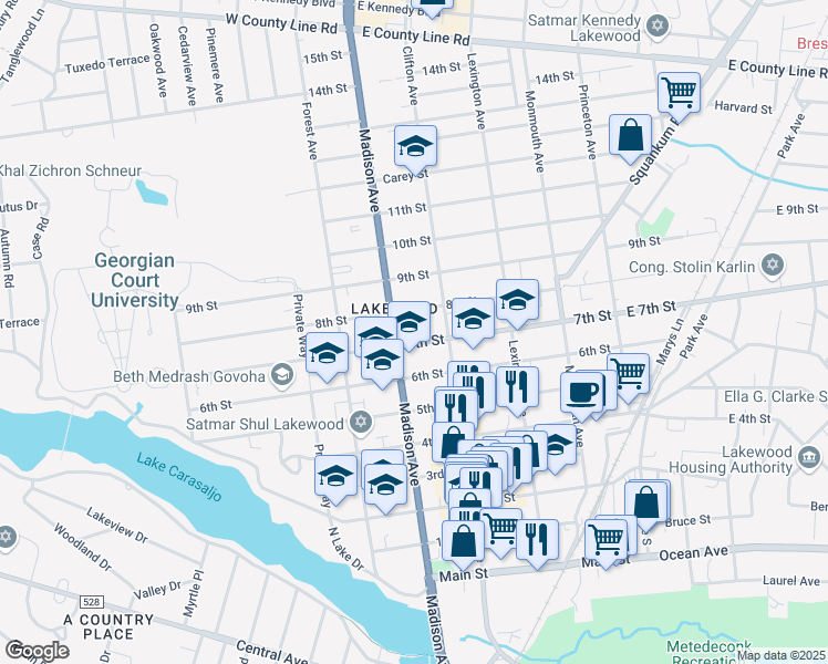 map of restaurants, bars, coffee shops, grocery stores, and more near 613 Madison Avenue in Lakewood