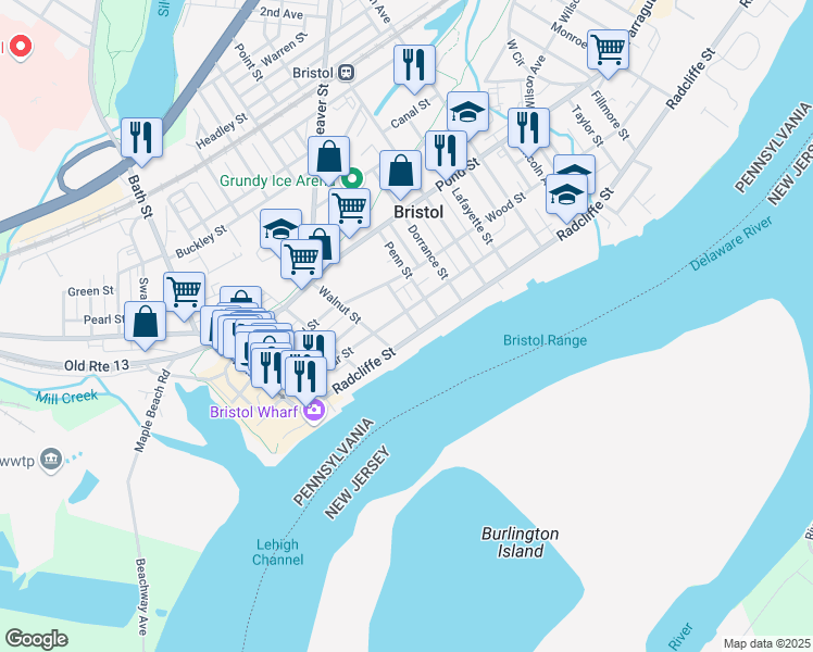map of restaurants, bars, coffee shops, grocery stores, and more near 112 Walnut Street in Bristol