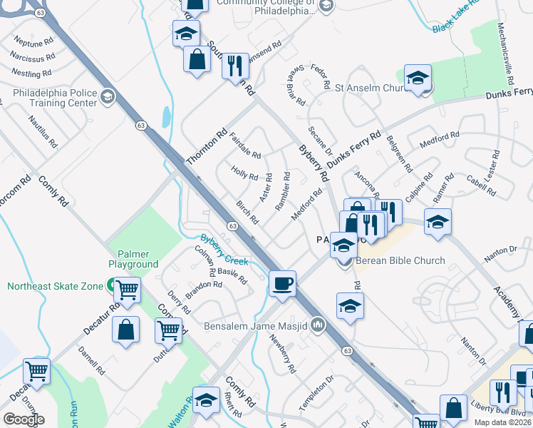 map of restaurants, bars, coffee shops, grocery stores, and more near 3266 Birch Road in Philadelphia