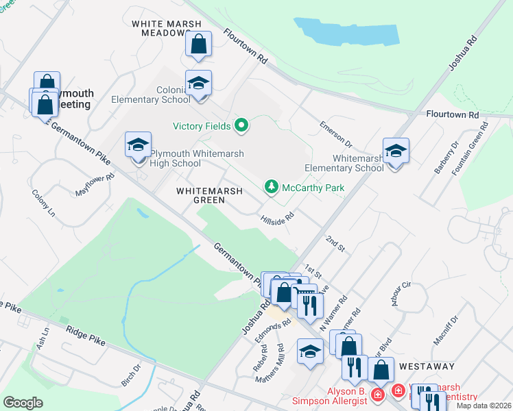 map of restaurants, bars, coffee shops, grocery stores, and more near 4050 Hillside Road in Lafayette Hill