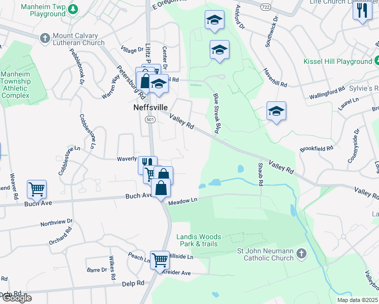 map of restaurants, bars, coffee shops, grocery stores, and more near 70 Valley Road in Lancaster