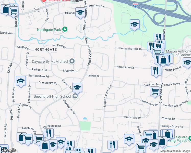map of restaurants, bars, coffee shops, grocery stores, and more near 6247 Sweetwater Court in Columbus
