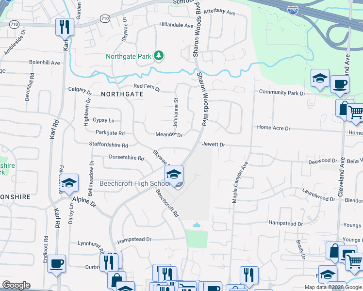 map of restaurants, bars, coffee shops, grocery stores, and more near 6266 Faymeadow Lane in Columbus