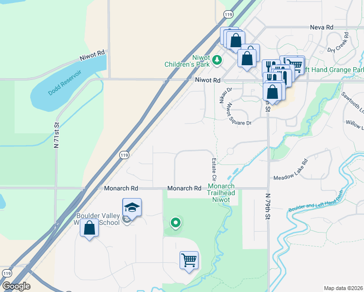 map of restaurants, bars, coffee shops, grocery stores, and more near 7572 Estate Circle in Longmont