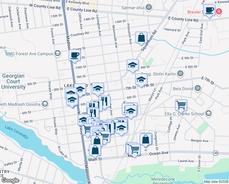 map of restaurants, bars, coffee shops, grocery stores, and more near 129 6th Street in Lakewood