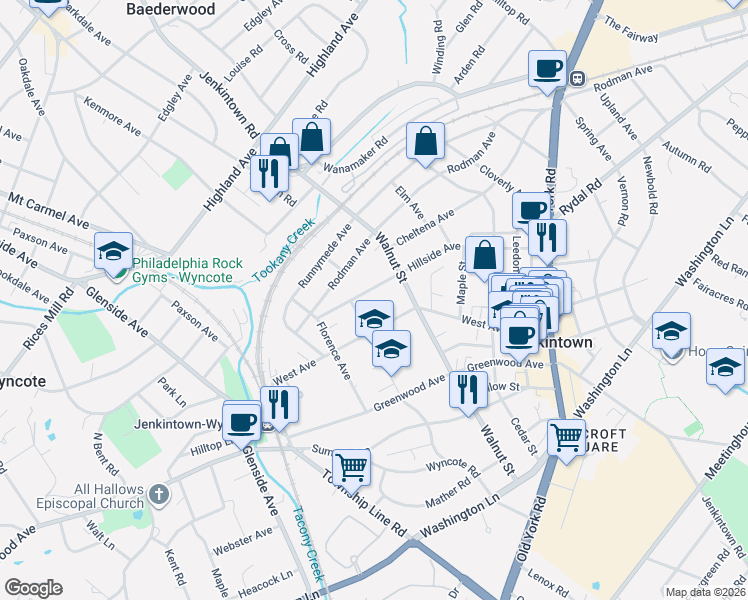map of restaurants, bars, coffee shops, grocery stores, and more near 305 West Avenue in Jenkintown