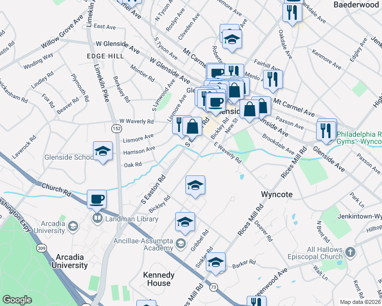 map of restaurants, bars, coffee shops, grocery stores, and more near 256 Bickley Road in Glenside