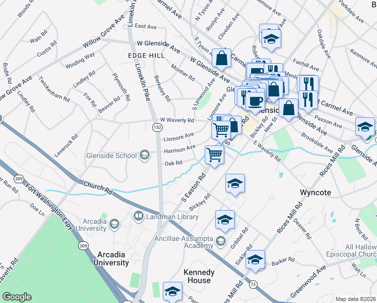 map of restaurants, bars, coffee shops, grocery stores, and more near 301 Oak Road in Glenside