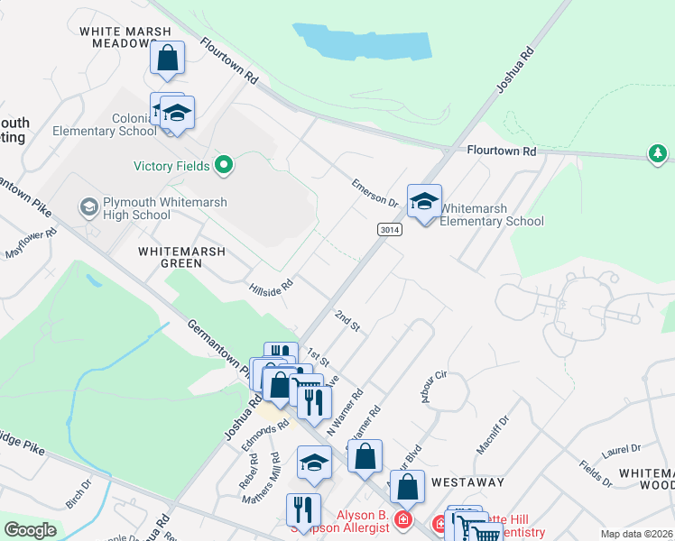 map of restaurants, bars, coffee shops, grocery stores, and more near 4040 Joshua Road in Lafayette Hill