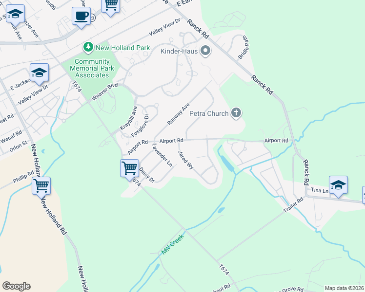 map of restaurants, bars, coffee shops, grocery stores, and more near 111 James Drive in New Holland