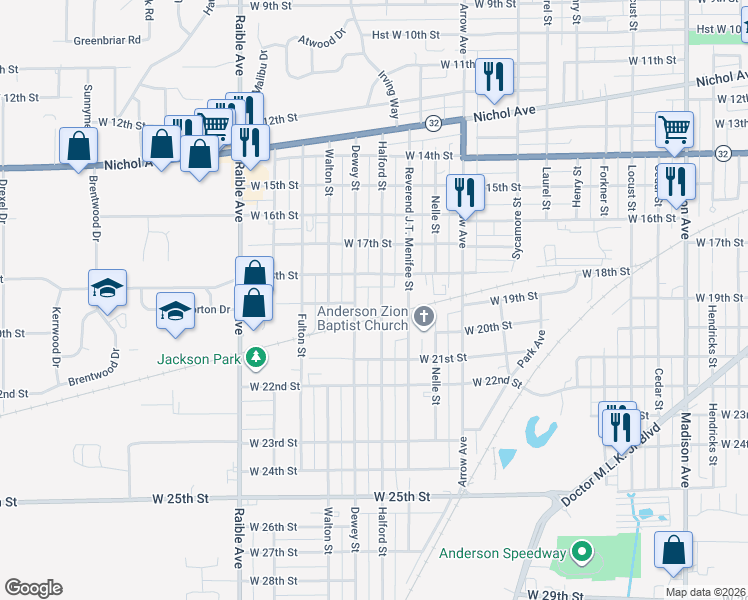 map of restaurants, bars, coffee shops, grocery stores, and more near 2010 Dewey Street in Anderson