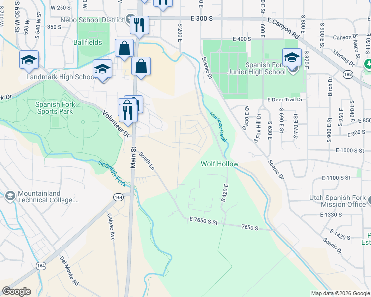 map of restaurants, bars, coffee shops, grocery stores, and more near 253 Volunteer Drive in Spanish Fork