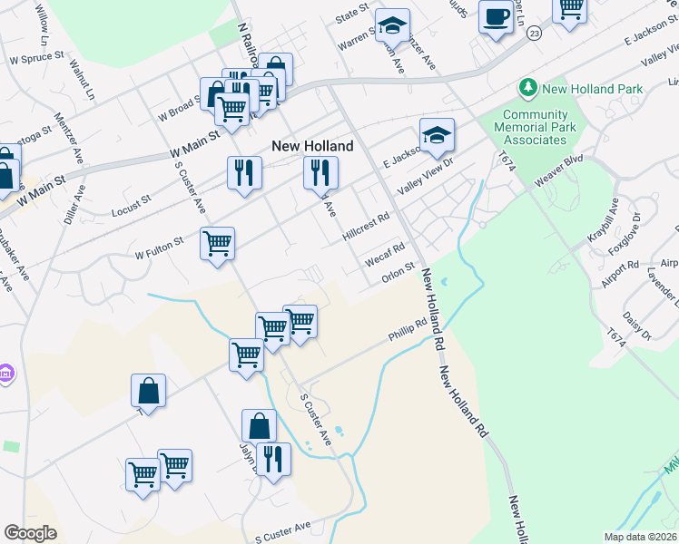 map of restaurants, bars, coffee shops, grocery stores, and more near 191 Wecaf Road in New Holland
