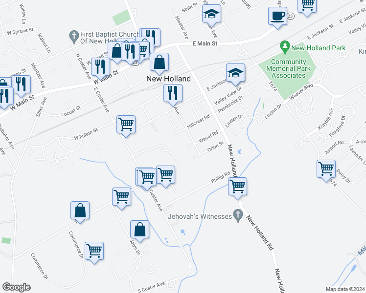 map of restaurants, bars, coffee shops, grocery stores, and more near 191 Wecaf Road in New Holland