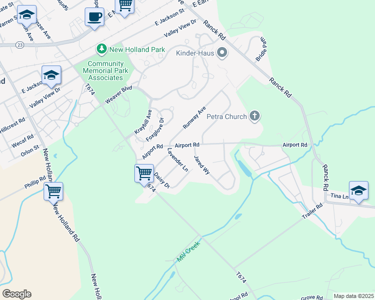 map of restaurants, bars, coffee shops, grocery stores, and more near 512 Airport Road in New Holland