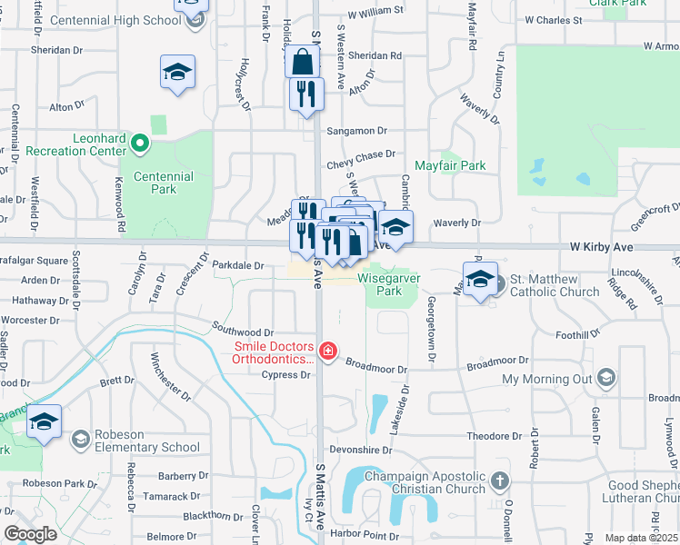 map of restaurants, bars, coffee shops, grocery stores, and more near 1702 South Mattis Avenue in Champaign